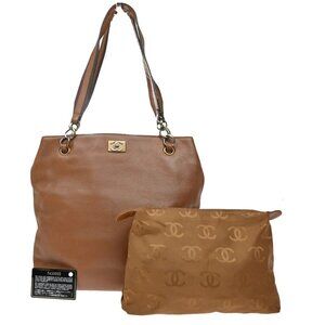 CHANEL CC Logo Chain Shoulder Tote Bag Leather Brown GHW France 21KP204